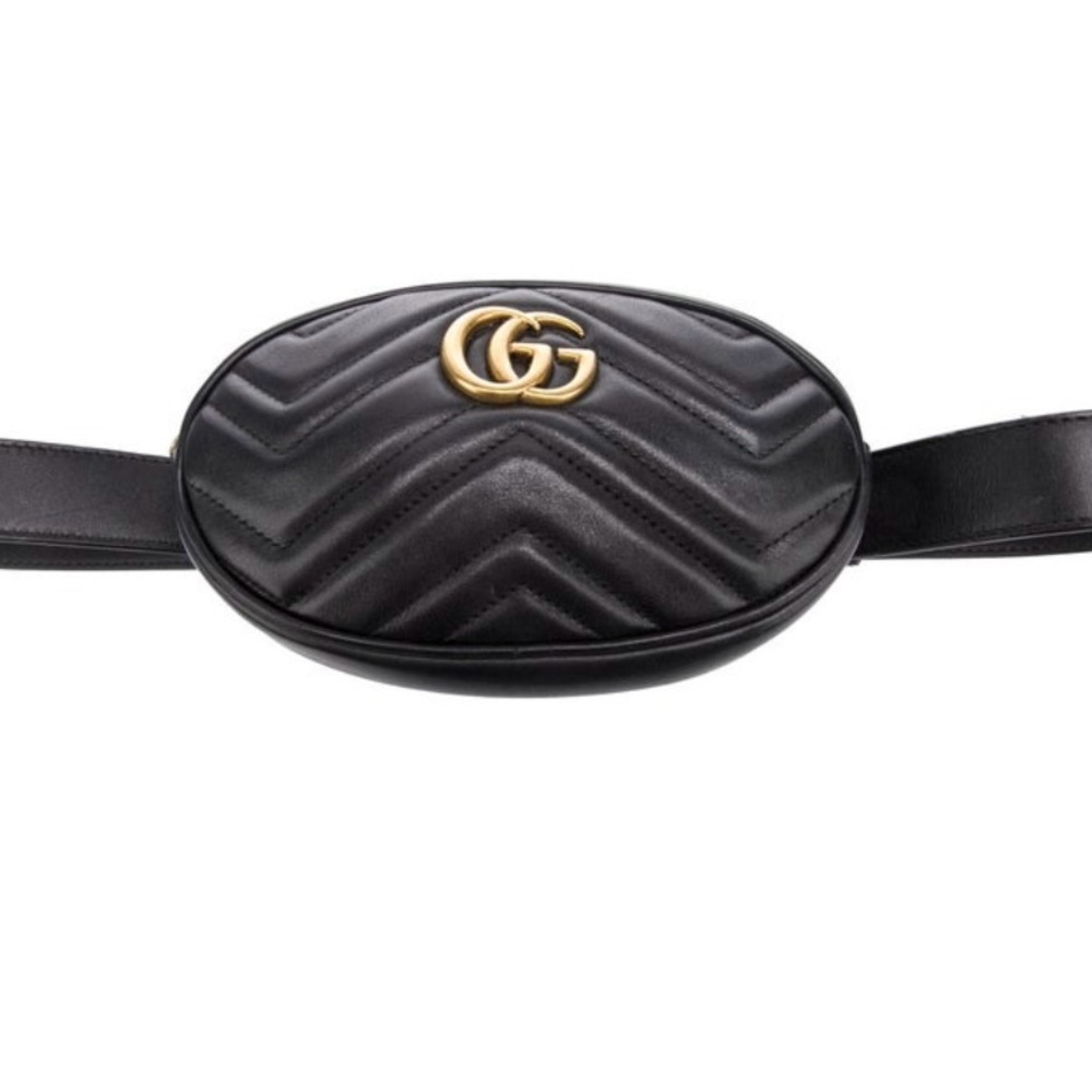 Calfskin Matelasse GG Marmont Belt Bag 
Black - Authentic